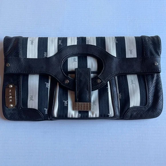 L.A.M.B. Gwen Stefani Black White Silver Stripe Leather Bag Clutch Tote Vintage - Picture 2 of 12